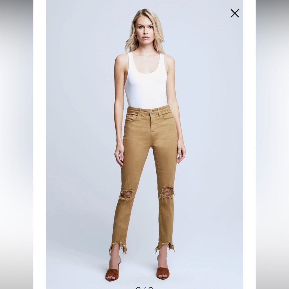 L’AGENCE Brown Tan Distressed High Line Ripped Slim Pants Jeans